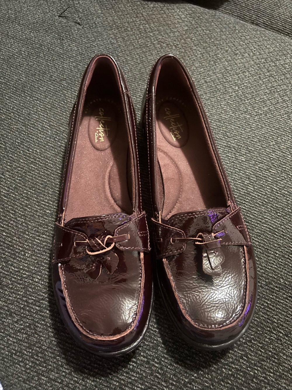 Clarks Patent Burgundy Loafers with Decorative Strap